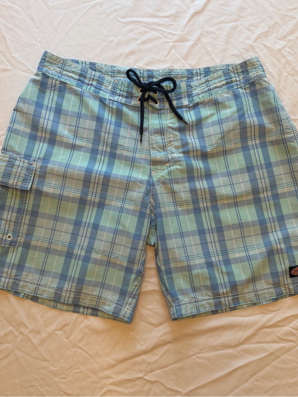 Vineyard Vines Blue and Mint Plaid Swim Board Shorts, Size 35